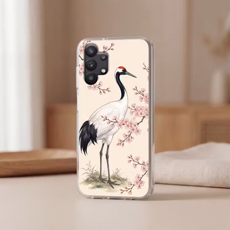 Aziatisch - Kraanvogel - Beige Telefoonhoesje Samsung Galaxy A32 5G klein -sfeer2