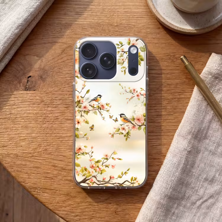 Takken - Bloemen - Vogeltjes - Roze Telefoonhoesje iPhone 17 Pro klein -sfeer1