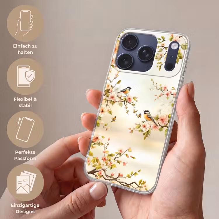 Takken - Bloemen - Vogeltjes - Roze Telefoonhoesje iPhone 17 Pro klein -sfeer3_DE