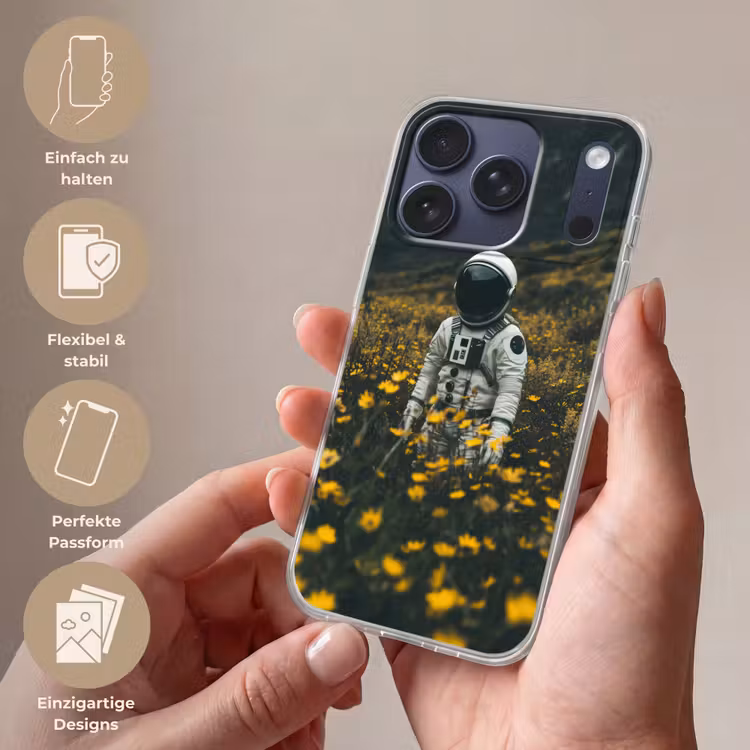 Astronaut - Bloemen - Veld - Geel Telefoonhoesje iPhone 17 Pro klein -sfeer3_DE