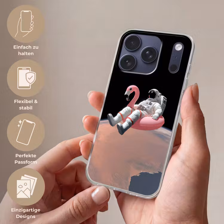 Astronaut - Flamingo - Zwemband - Roze Telefoonhoesje iPhone 17 Pro klein -sfeer3_DE