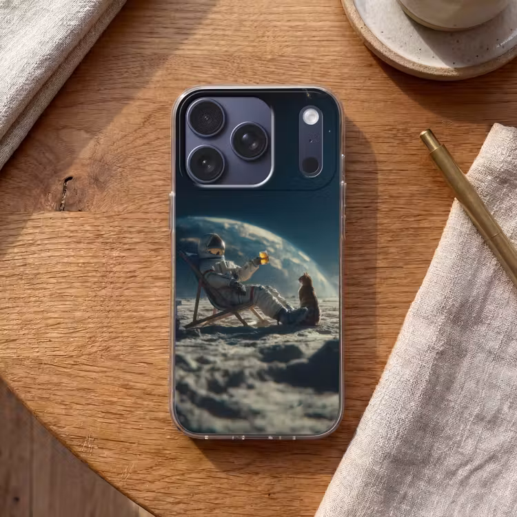 Astronaut - Kat - Glas - Stoel Telefoonhoesje iPhone 17 Pro klein -sfeer1