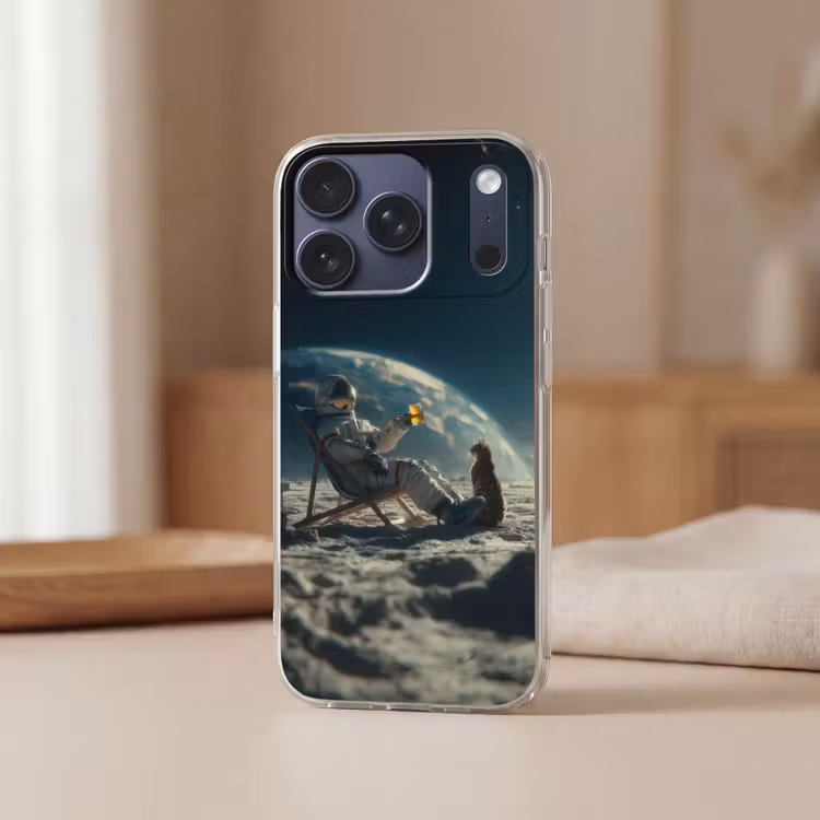 Astronaut - Kat - Glas - Stoel Telefoonhoesje iPhone 17 Pro klein -sfeer2