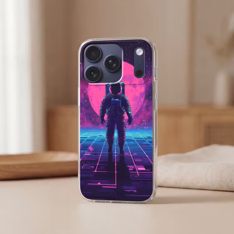 Astronaut - Maan - Roze - Sterrennevels Telefoonhoesje iPhone 17 Pro klein -sfeer2