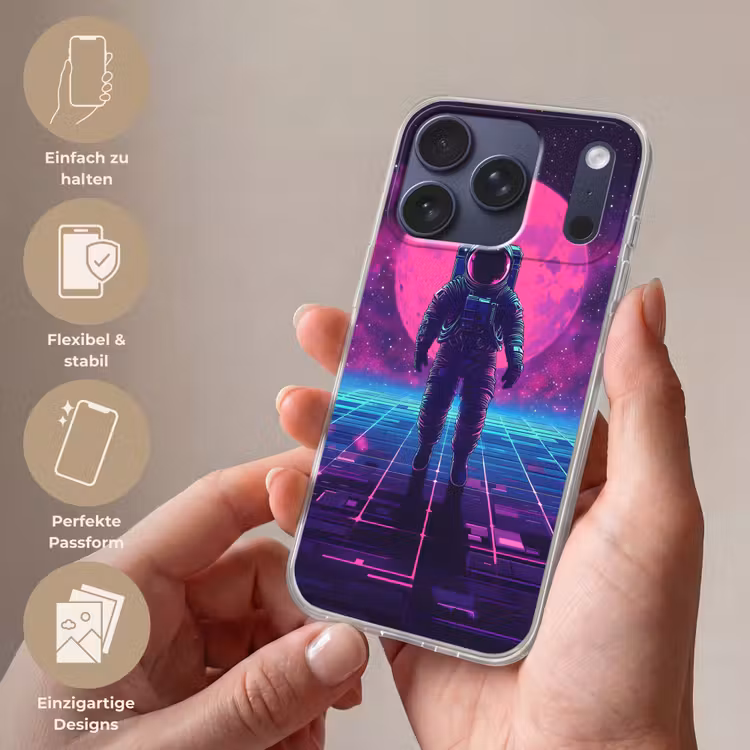 Astronaut - Maan - Roze - Sterrennevels Telefoonhoesje iPhone 17 Pro klein -sfeer3_DE
