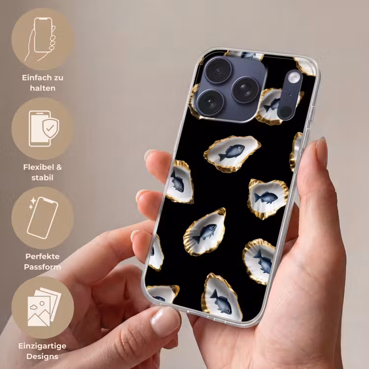 Oesters - Vissen - Blauw - Goud Telefoonhoesje iPhone 17 Pro klein -sfeer3_DE