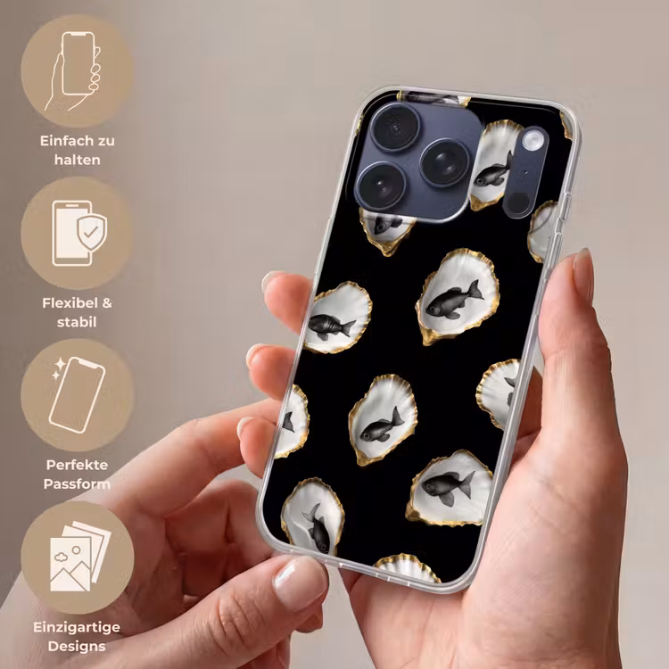 Oesters - Zwart - Vissen - Goud Telefoonhoesje iPhone 17 Pro klein -sfeer3_DE