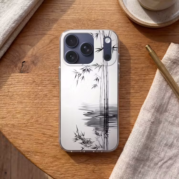 Bamboestammen - Water - Minimalistisch - Wit Telefoonhoesje iPhone 17 Pro klein -sfeer1