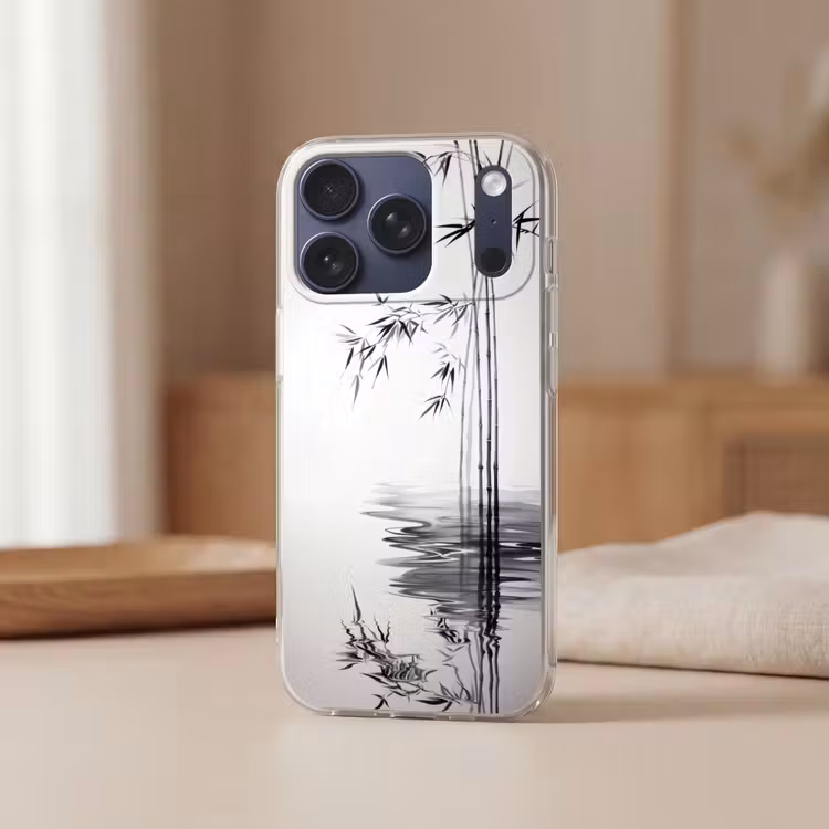 Bamboestammen - Water - Minimalistisch - Wit Telefoonhoesje iPhone 17 Pro klein -sfeer2