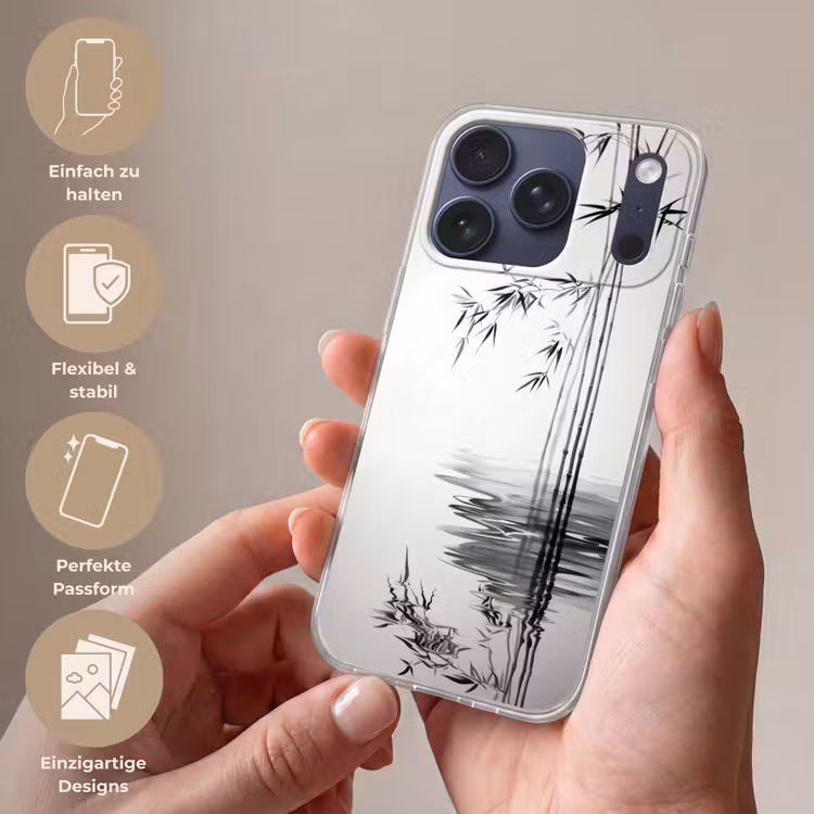 Bamboestammen - Water - Minimalistisch - Wit Telefoonhoesje iPhone 17 Pro klein -sfeer3_DE