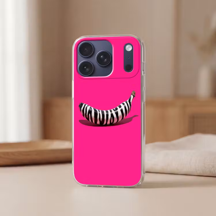 Banaan - Zebraprint - Roze Telefoonhoesje iPhone 17 Pro klein -sfeer2