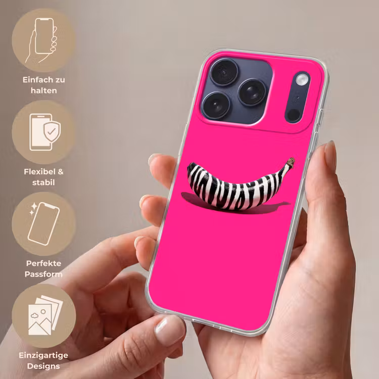 Banaan - Zebraprint - Roze Telefoonhoesje iPhone 17 Pro klein -sfeer3_DE