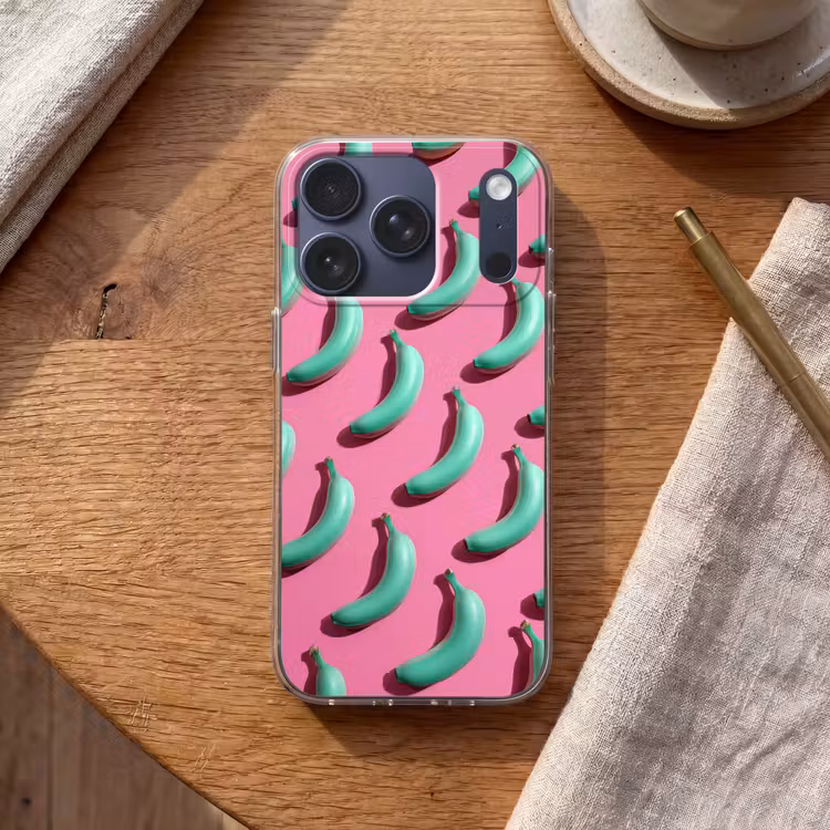 Bananen - Patroon - Blauw - Roze Telefoonhoesje iPhone 17 Pro klein -sfeer1