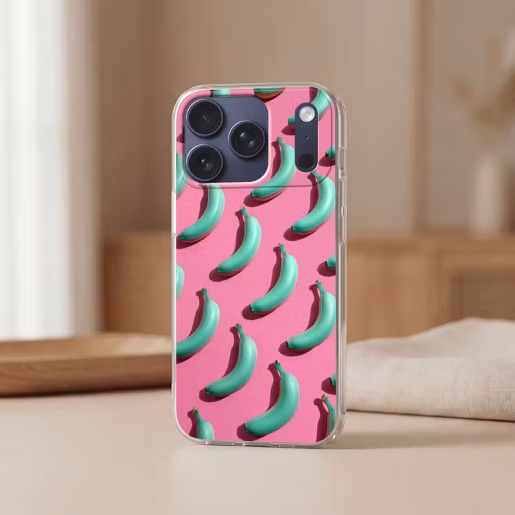 Bananen - Patroon - Blauw - Roze Telefoonhoesje iPhone 17 Pro klein -sfeer2