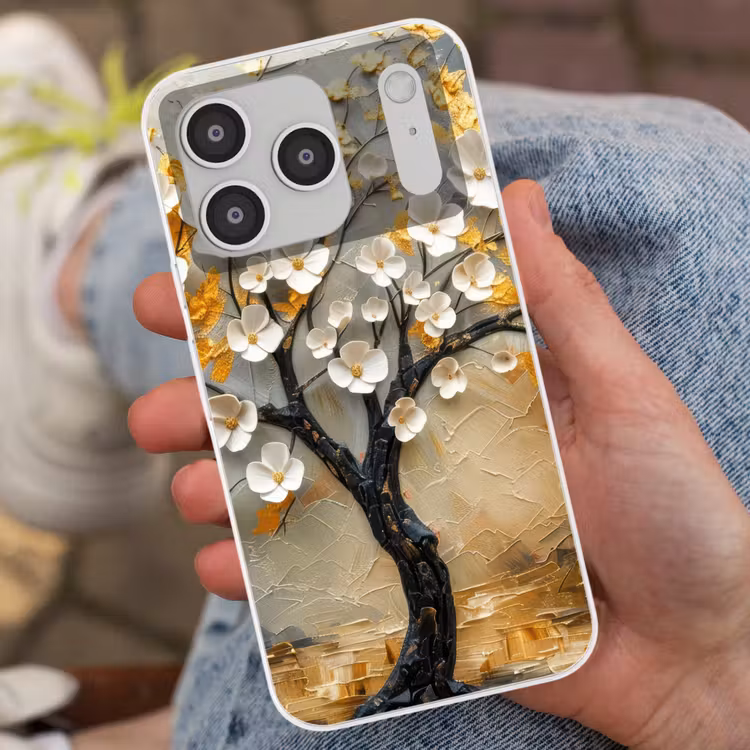 Boom - Bloemen - Goud - Beige Telefoonhoesje iPhone 17 Pro klein -sfeer2