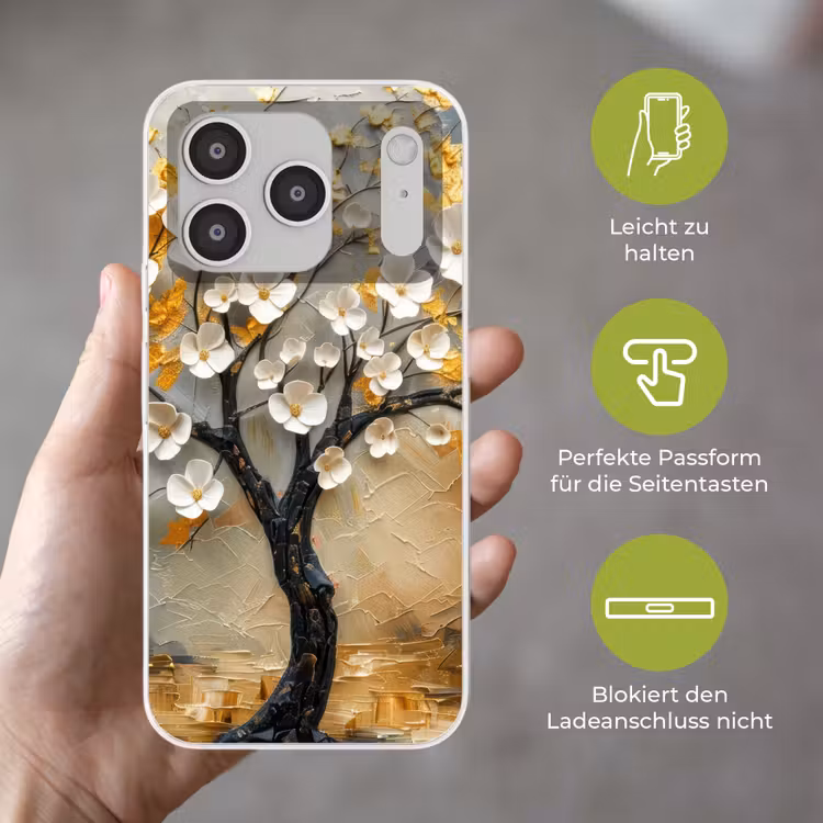 Boom - Bloemen - Goud - Beige Telefoonhoesje iPhone 17 Pro klein -sfeer3_DE