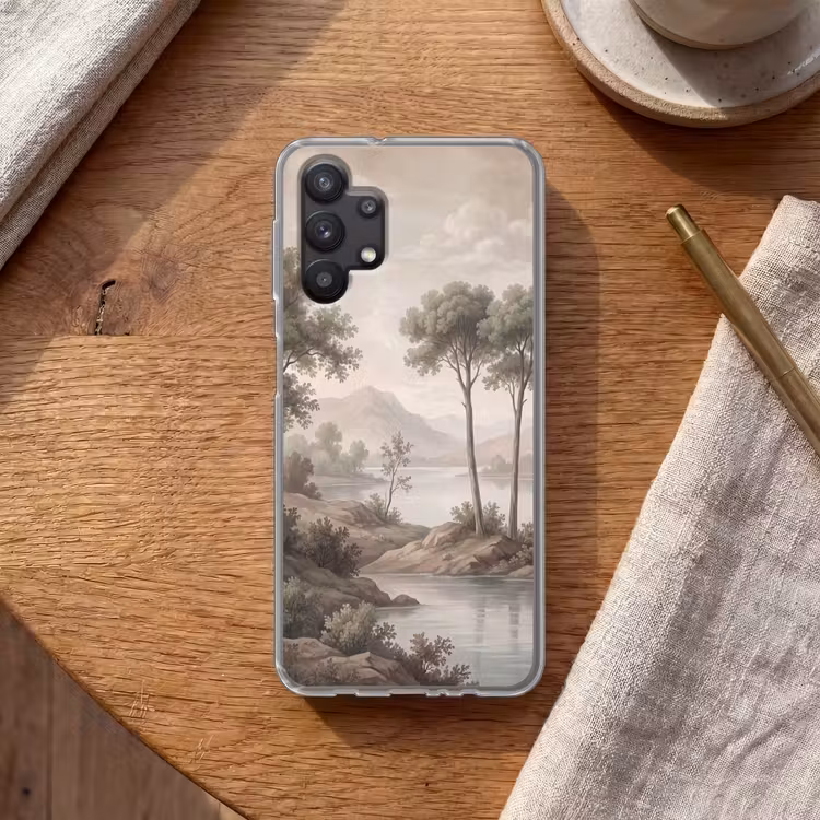 Bomen - Meer - Bergen - Illustratie Telefoonhoesje Samsung Galaxy A32 5G klein -sfeer1