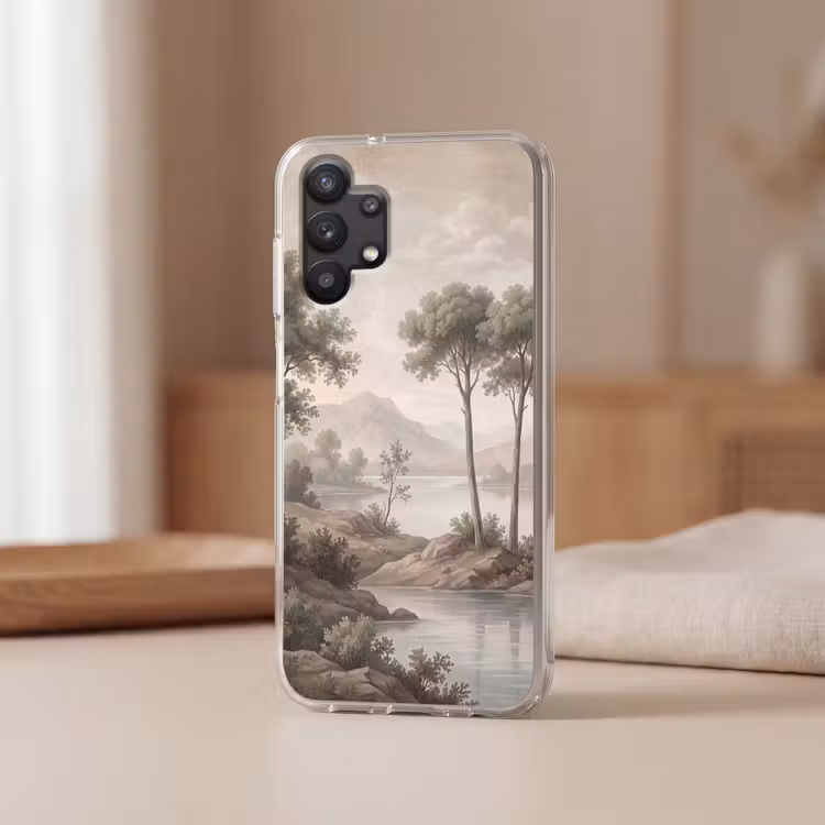Bomen - Meer - Bergen - Illustratie Telefoonhoesje Samsung Galaxy A32 5G klein -sfeer2
