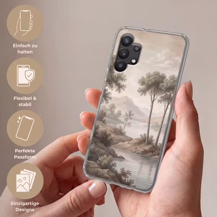 Bomen - Meer - Bergen - Illustratie Telefoonhoesje Samsung Galaxy A32 5G klein -sfeer3_DE