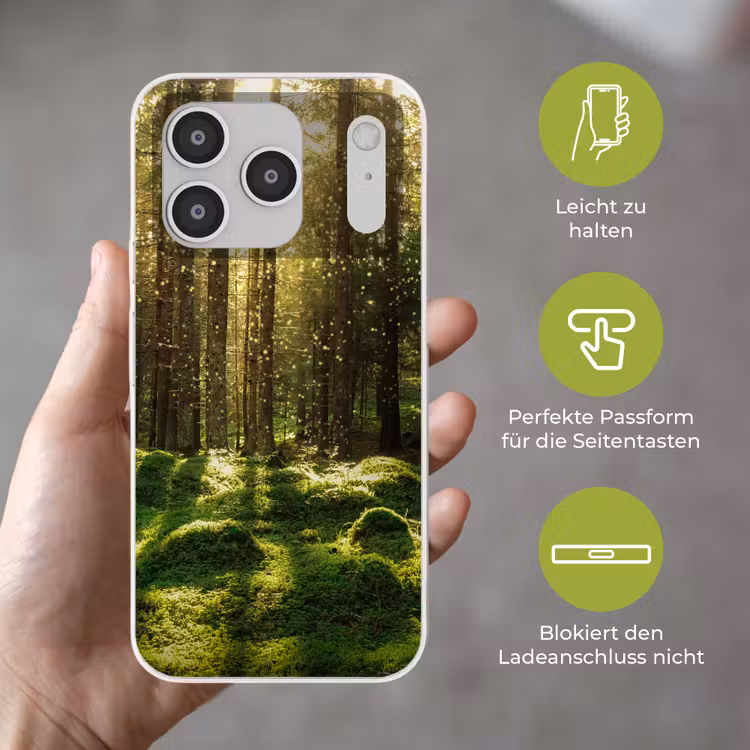 Bomen - Bos - Mos - Planten - Zon - Natuur Telefoonhoesje iPhone 17 Pro klein -sfeer3_DE
