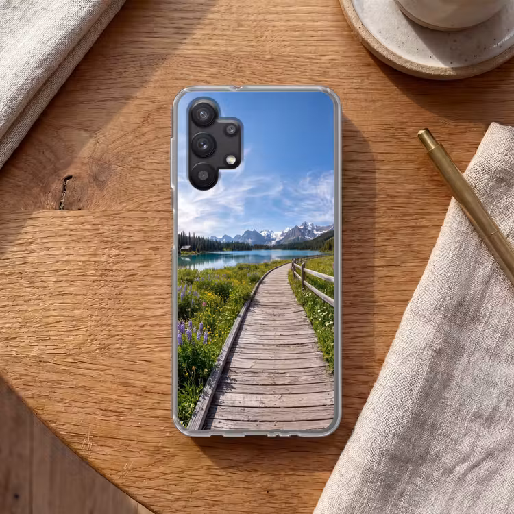 Bergen - Meer - Landschap - Blauw Telefoonhoesje Samsung Galaxy A32 5G klein -sfeer1
