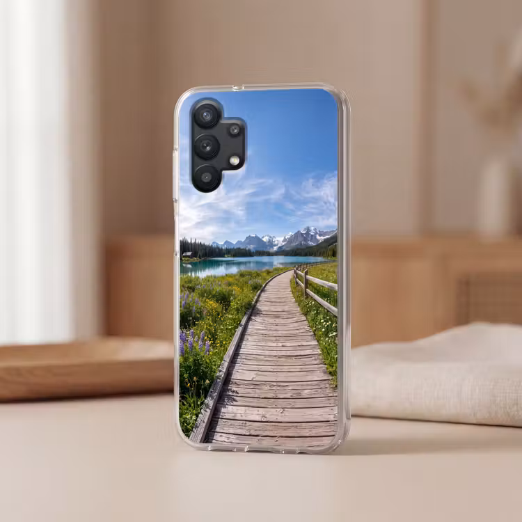 Bergen - Meer - Landschap - Blauw Telefoonhoesje Samsung Galaxy A32 5G klein -sfeer2