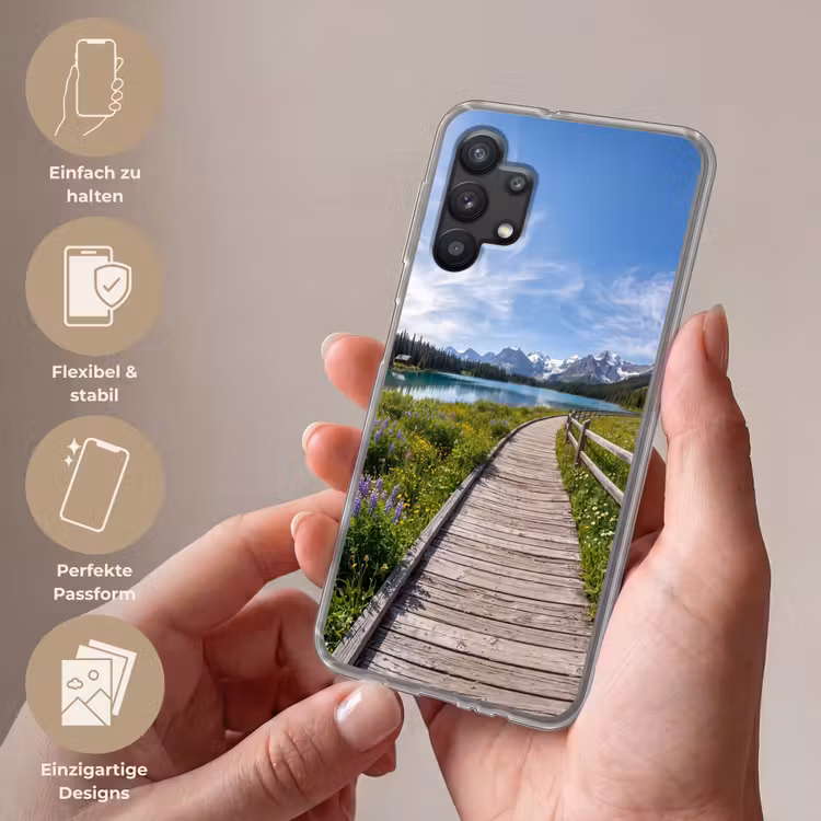 Bergen - Meer - Landschap - Blauw Telefoonhoesje Samsung Galaxy A32 5G klein -sfeer3_DE