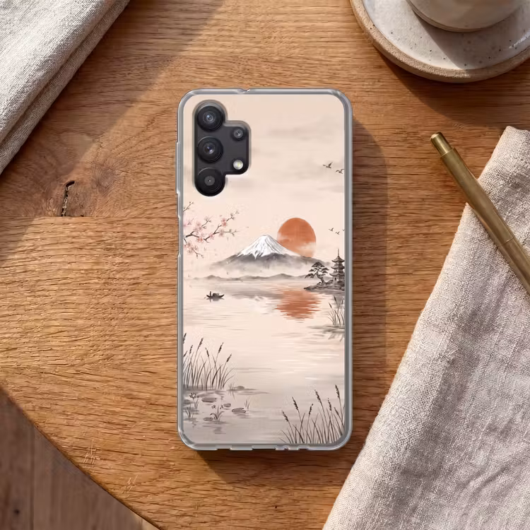 Bergtop - Meer - Bloesem Telefoonhoesje Samsung Galaxy A32 5G klein -sfeer1