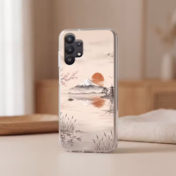 Bergtop - Meer - Bloesem Telefoonhoesje Samsung Galaxy A32 5G klein -sfeer2