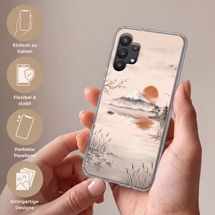Bergtop - Meer - Bloesem Telefoonhoesje Samsung Galaxy A32 5G klein -sfeer3_DE