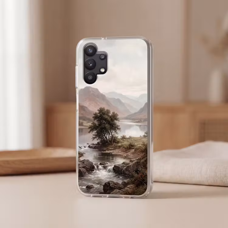 Berglandschap - Meer - Bergen - Vallei - Klassiek Telefoonhoesje Samsung Galaxy A32 5G klein -sfeer2