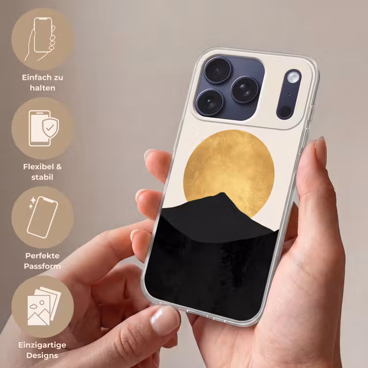 Bergsilhouetten - Gouden cirkel - Beige Telefoonhoesje iPhone 17 Pro klein -sfeer3_DE