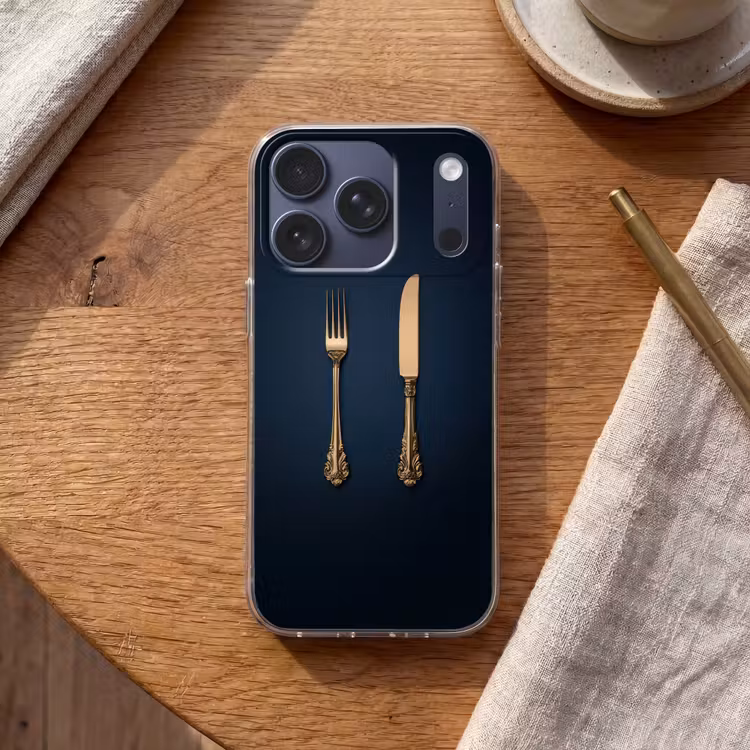 Bestek - Donkerblauw - Goud Telefoonhoesje iPhone 17 Pro klein -sfeer1
