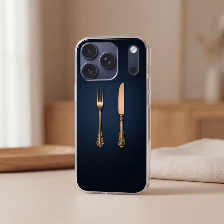 Bestek - Donkerblauw - Goud Telefoonhoesje iPhone 17 Pro klein -sfeer2