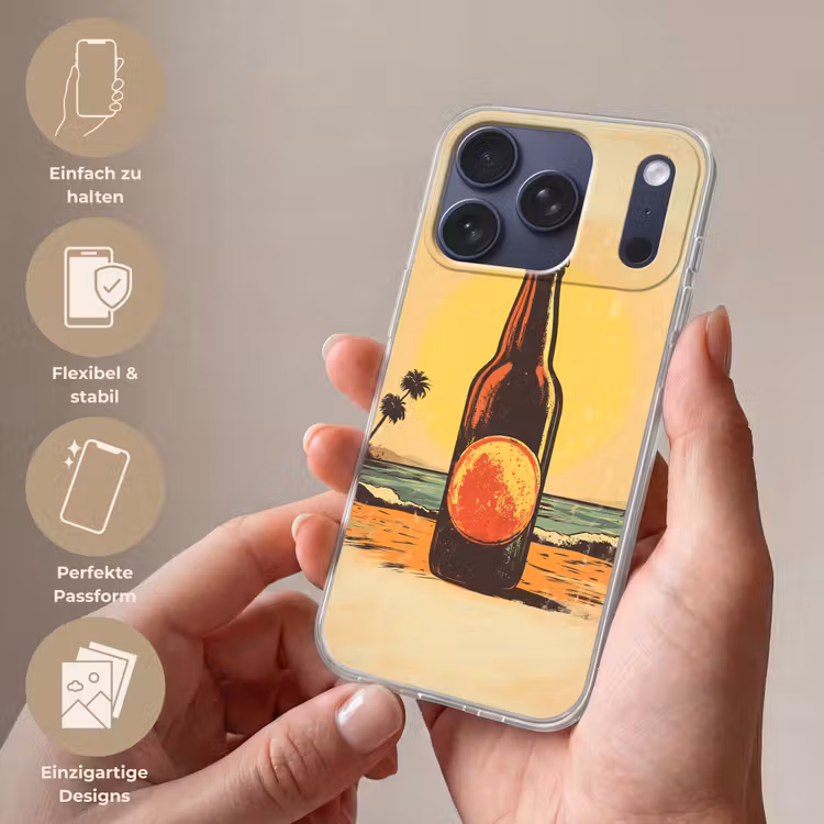 Bierfles - Zonsondergang - Palmbomen - Zee Telefoonhoesje iPhone 17 Pro klein -sfeer3_DE