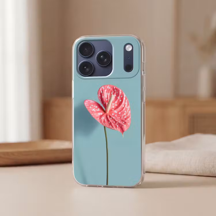 Blad - Anthurium - Stippen - Roze Telefoonhoesje iPhone 17 Pro klein -sfeer2