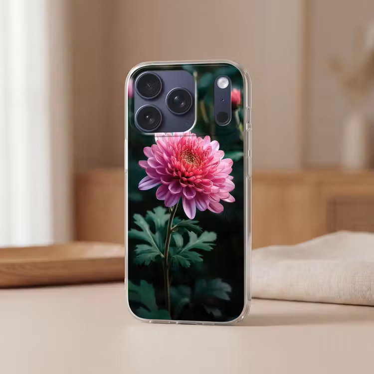 Blad - Chrysant - Roze - Schaduw Telefoonhoesje iPhone 17 Pro klein -sfeer2