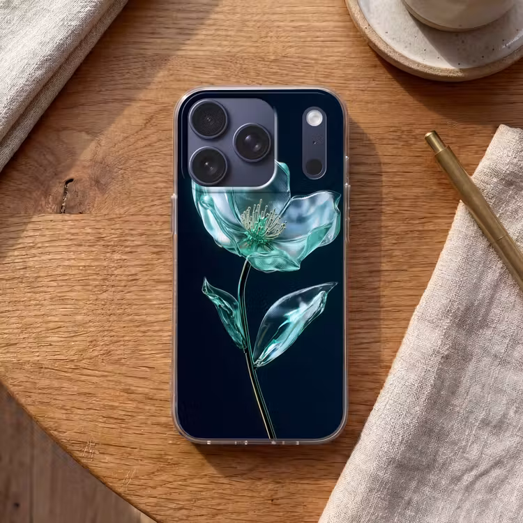 Bladeren - Bloem - Glazen - Donkerblauw Telefoonhoesje iPhone 17 Pro klein -sfeer1