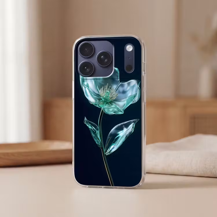 Bladeren - Bloem - Glazen - Donkerblauw Telefoonhoesje iPhone 17 Pro klein -sfeer2