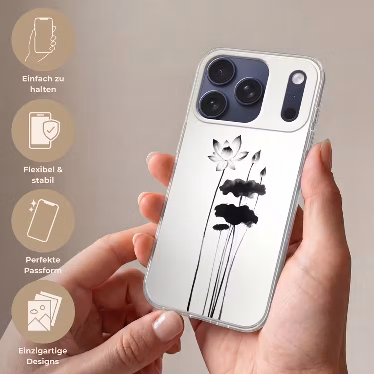 Bladeren - Zwart - Lotusbloem - Minimalitisch Telefoonhoesje iPhone 17 Pro klein -sfeer3_DE