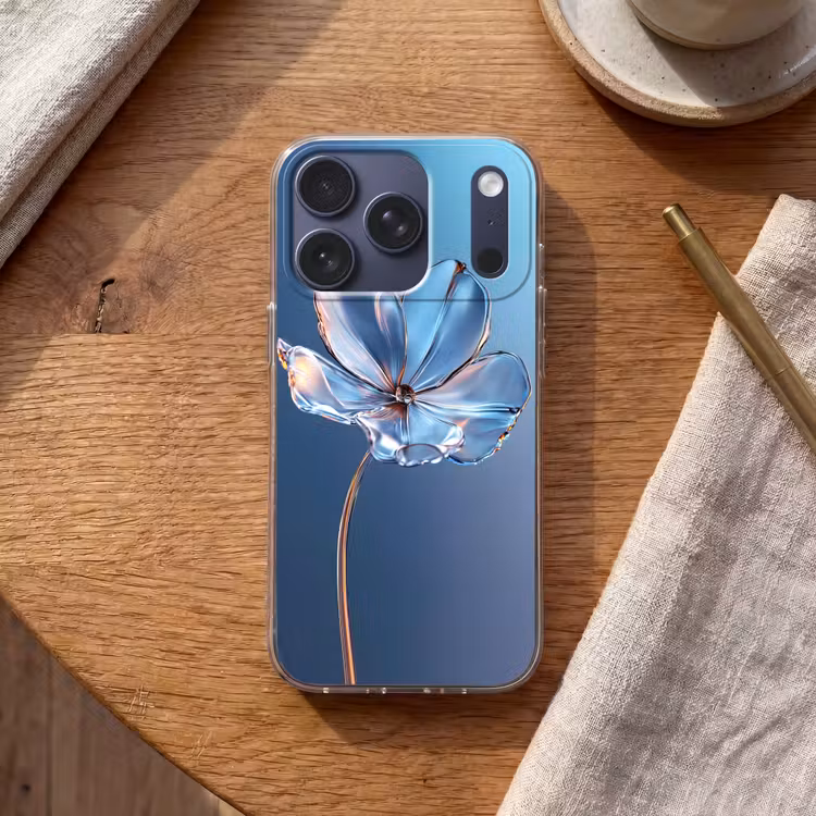 Blauw - Bloem - Glazen - Sierlijk Telefoonhoesje iPhone 17 Pro klein -sfeer1