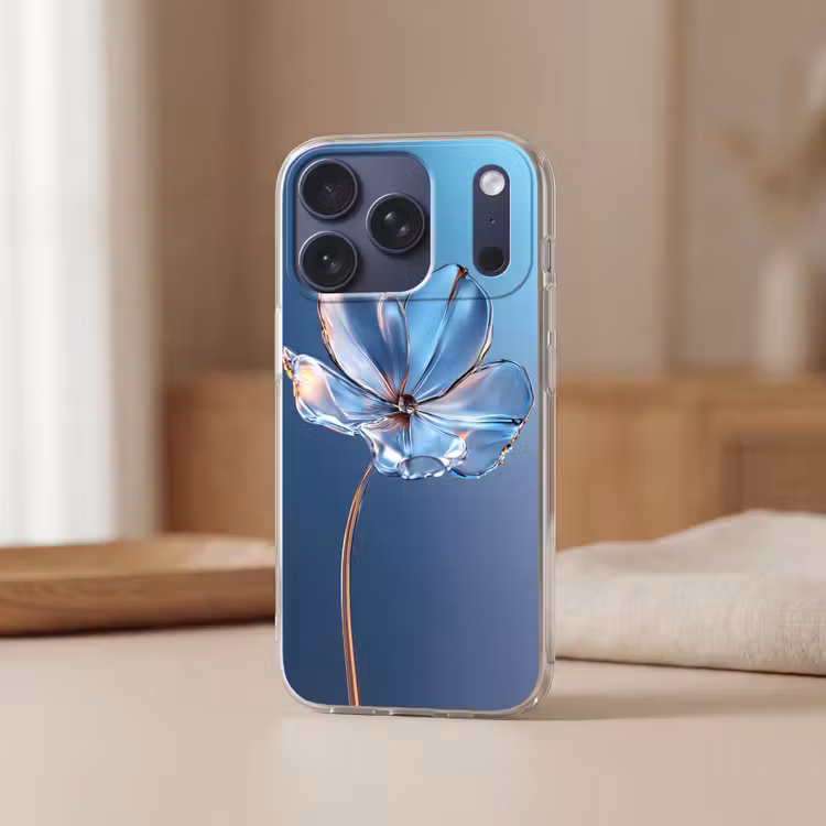 Blauw - Bloem - Glazen - Sierlijk Telefoonhoesje iPhone 17 Pro klein -sfeer2