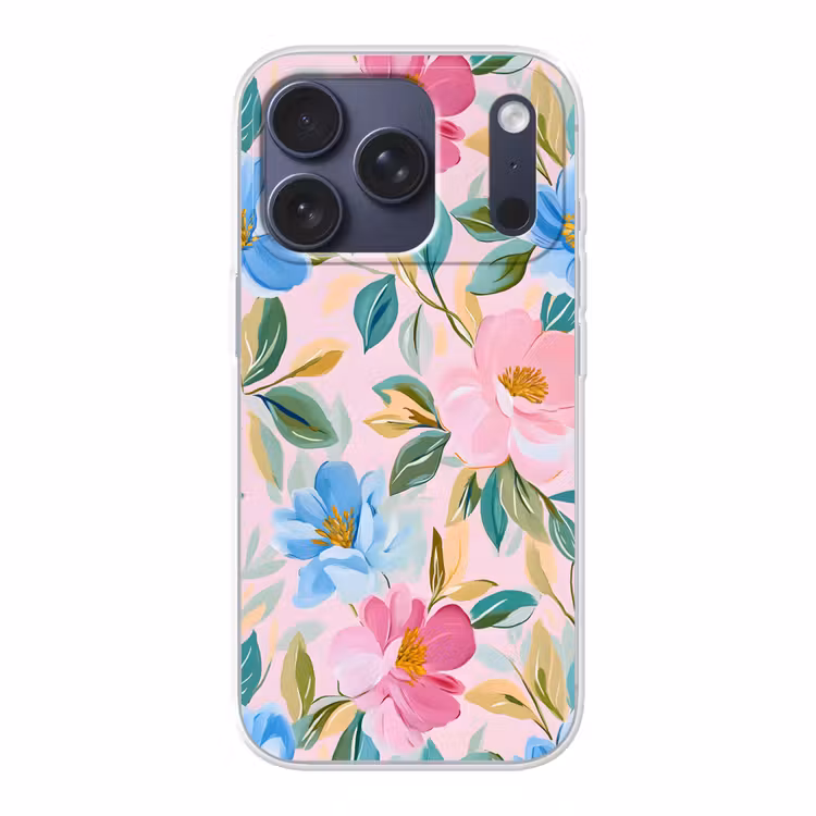 Blauw - Roze - Bloemen Telefoonhoesje iPhone 17 Pro klein -3d
