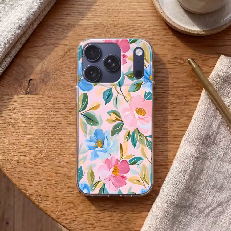Blauw - Roze - Bloemen Telefoonhoesje iPhone 17 Pro klein -sfeer1