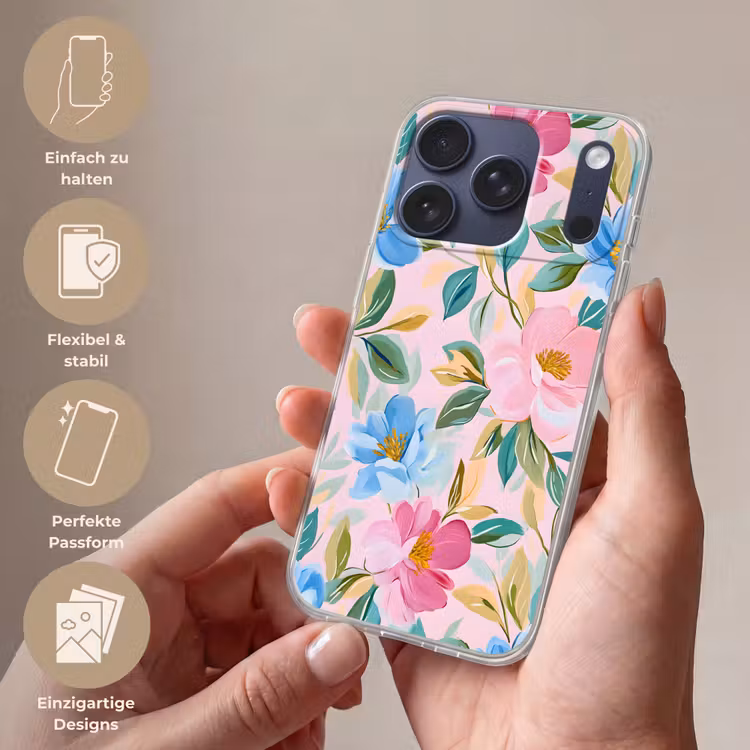Blauw - Roze - Bloemen Telefoonhoesje iPhone 17 Pro klein -sfeer3_DE