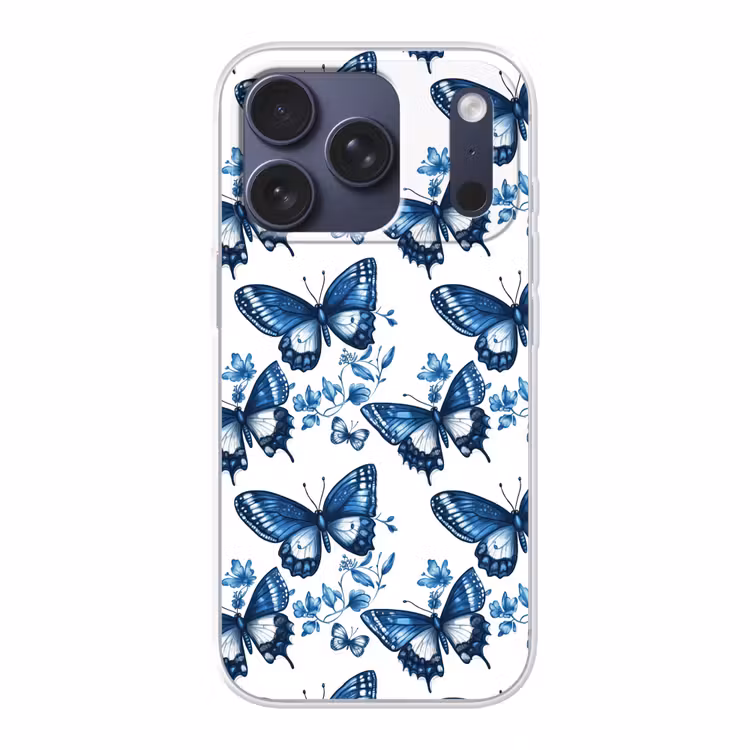 Blauw - Vlinders - Bloemen - Wit Telefoonhoesje iPhone 17 Pro klein 878 -3d