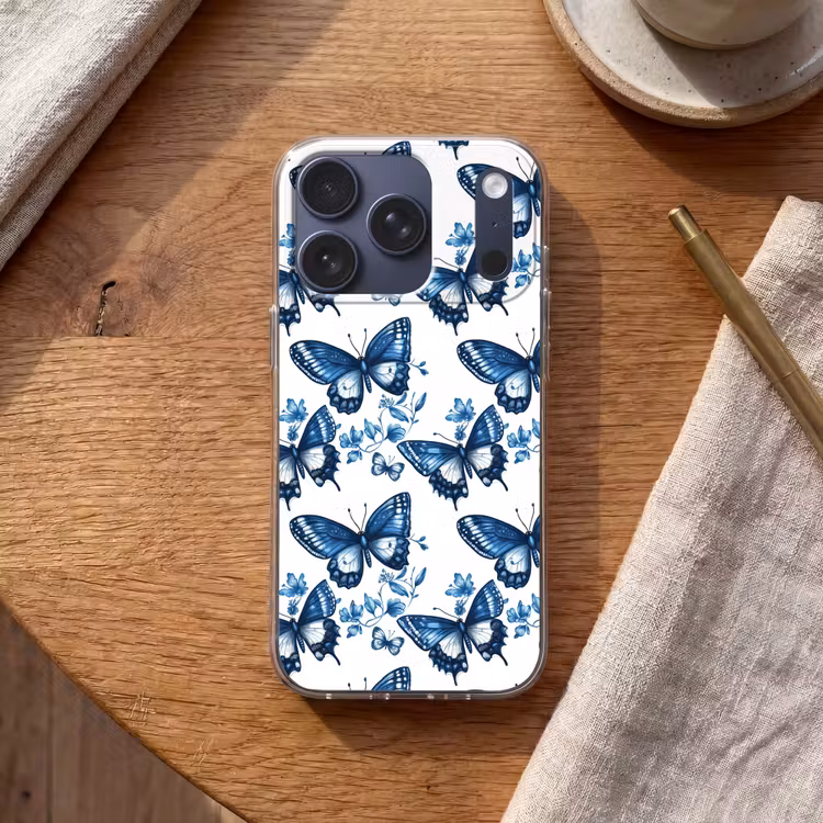 Blauw - Vlinders - Bloemen - Wit Telefoonhoesje iPhone 17 Pro klein 878 -sfeer1