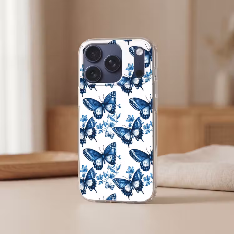 Blauw - Vlinders - Bloemen - Wit Telefoonhoesje iPhone 17 Pro klein 878 -sfeer2