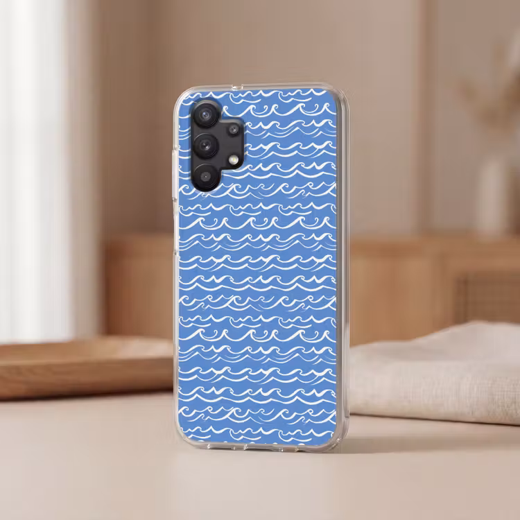 Blauw - Wit - Simpel - Getekend - Golven Telefoonhoesje Samsung Galaxy A32 5G klein 346 -sfeer2