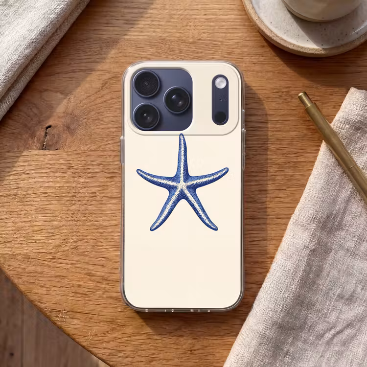 Blauwe zeester - Minimalistisch - Beige Telefoonhoesje iPhone 17 Pro klein -sfeer1